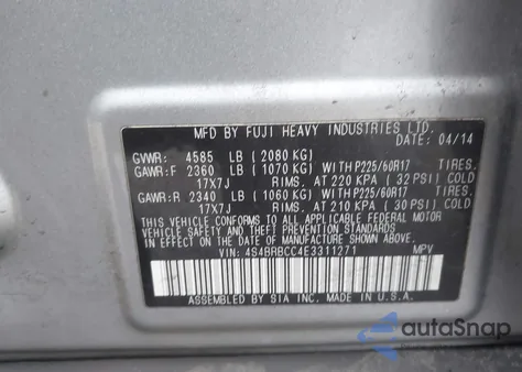 2014 Subaru Outback 2.5I Premium from USA, damaged, VIN 4S4BRBCC4E3311271